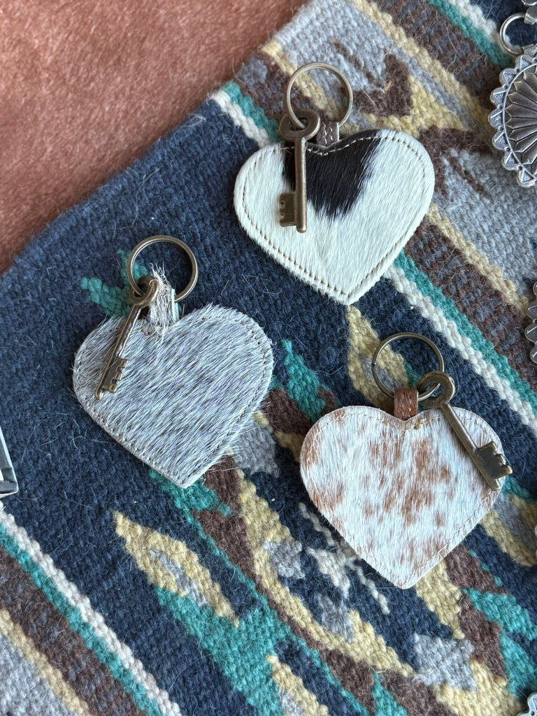 Cowhide Heart Key Chain - Grey