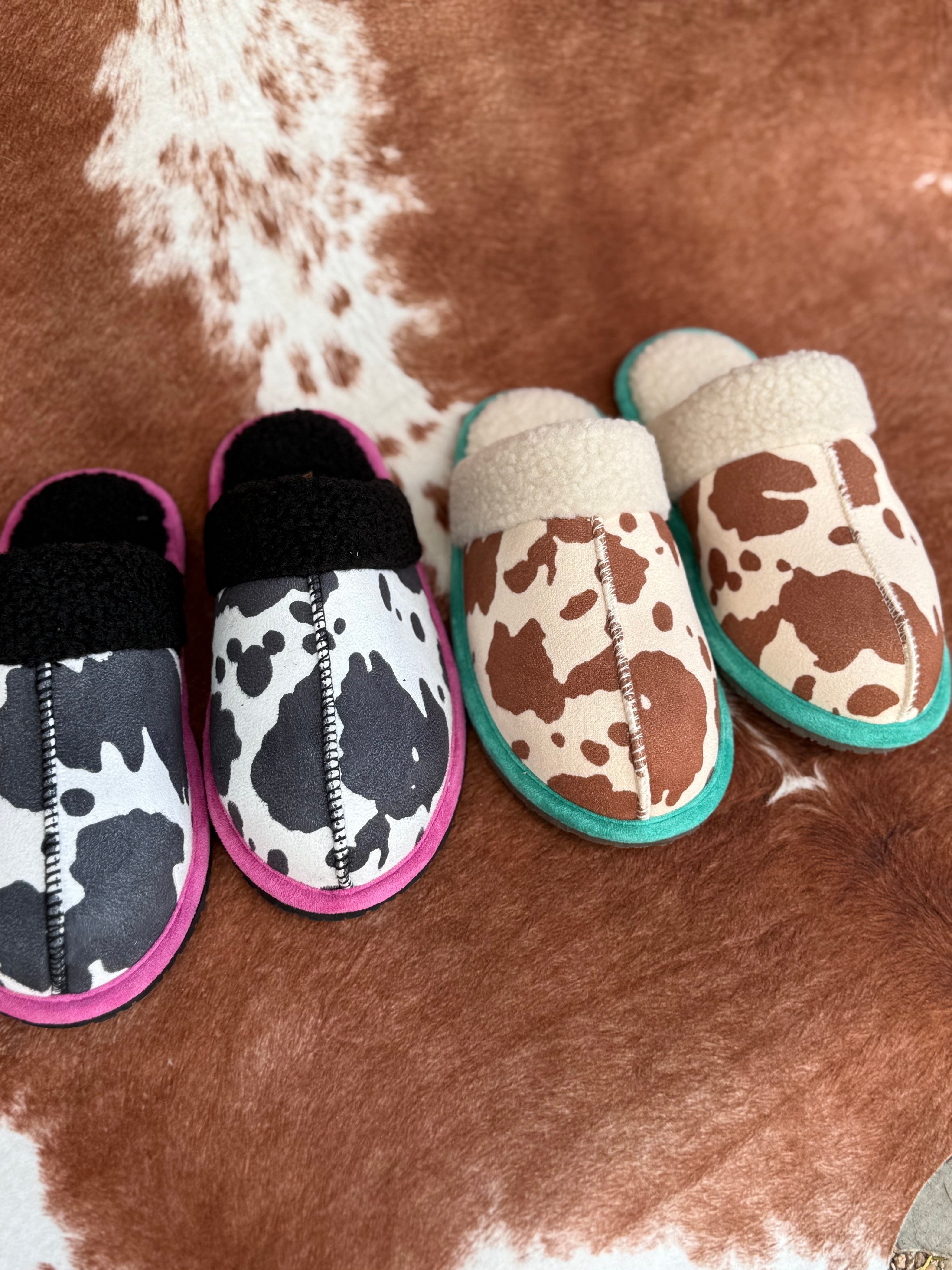 Black Pink Cow Print Slippers