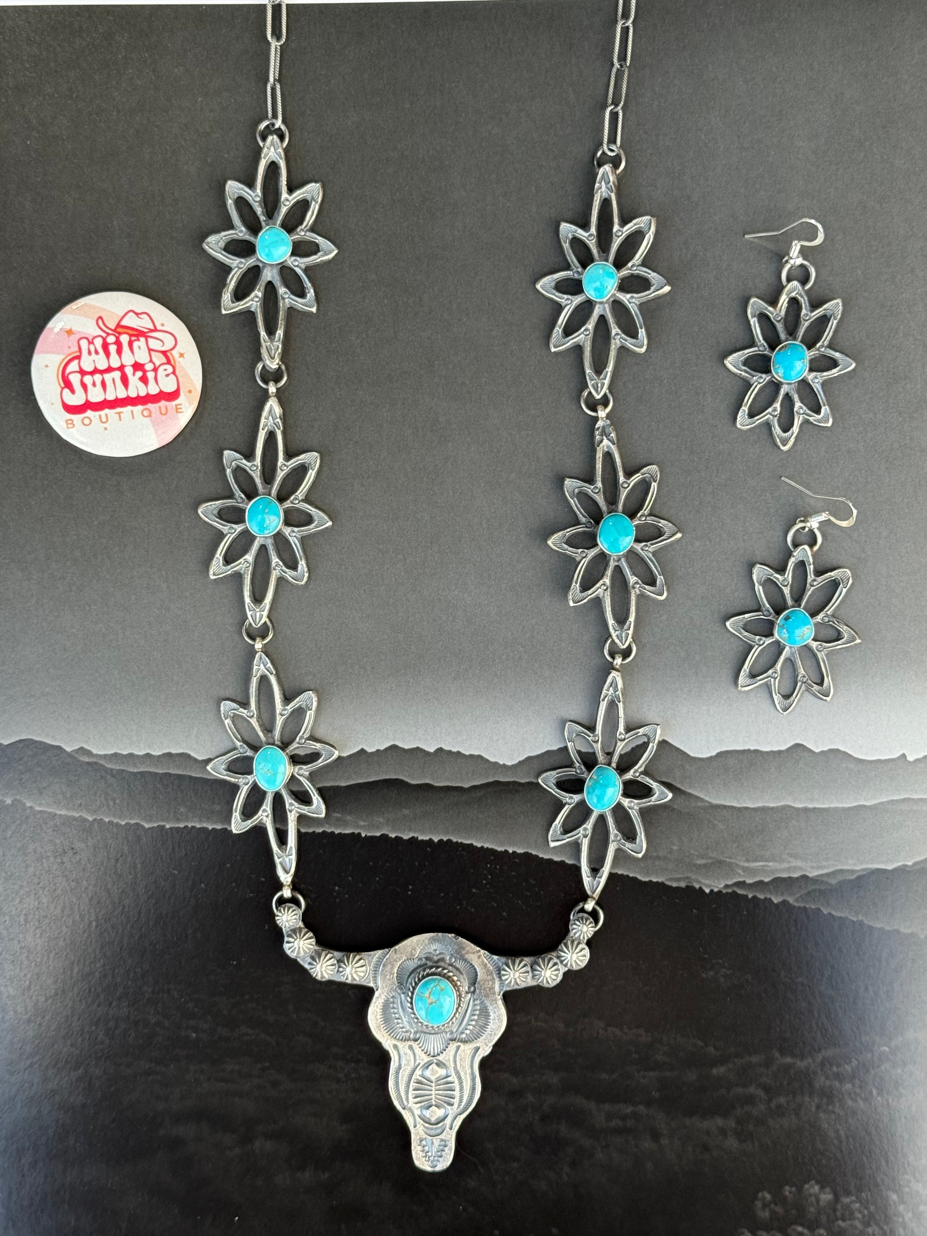 Turquoise Blossom Steer Head Jewelry Set