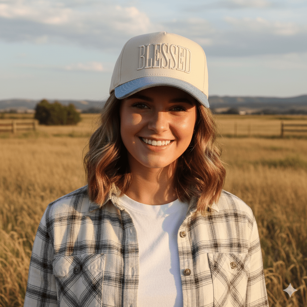 Blessed Embroidered Denim Trucker Hat
