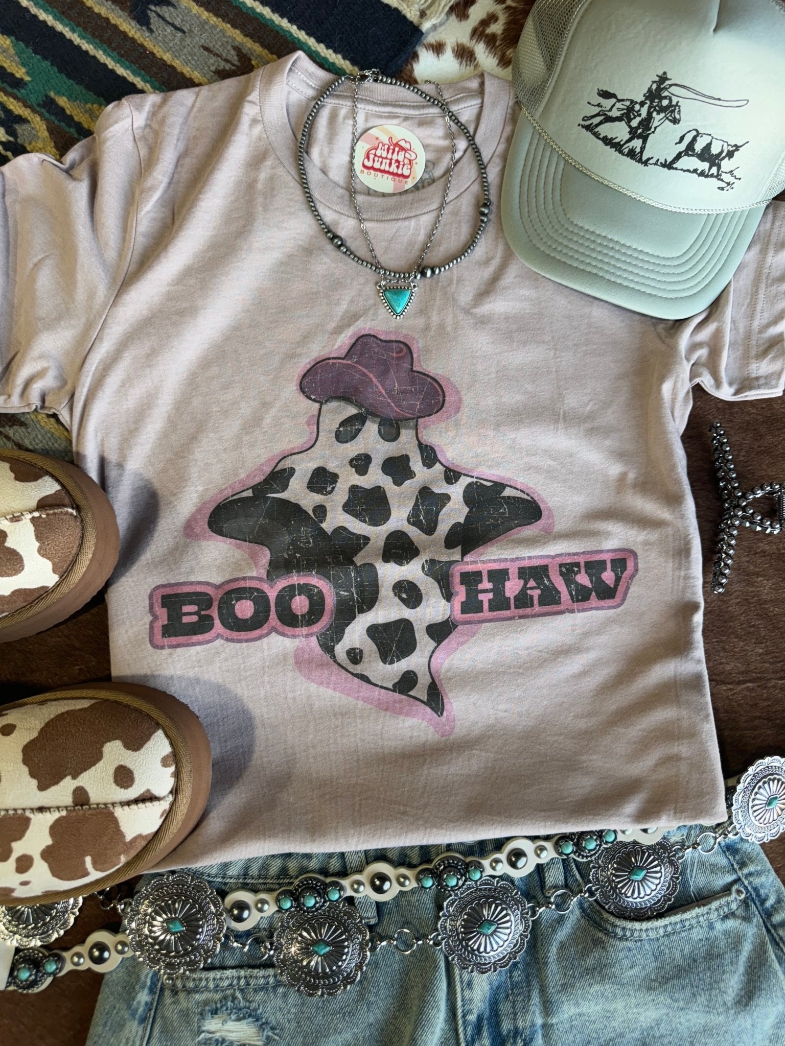 Boo Haw Ghost Halloween Graphic TeePink GravelS