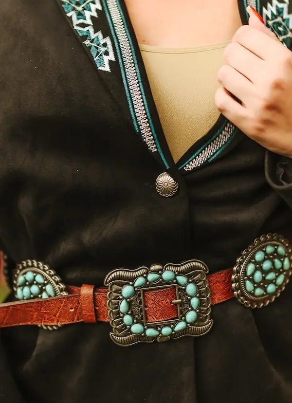 Brown Elephant Leather Oval Turquoise Concho Belt – Wild Junkie display picture 2