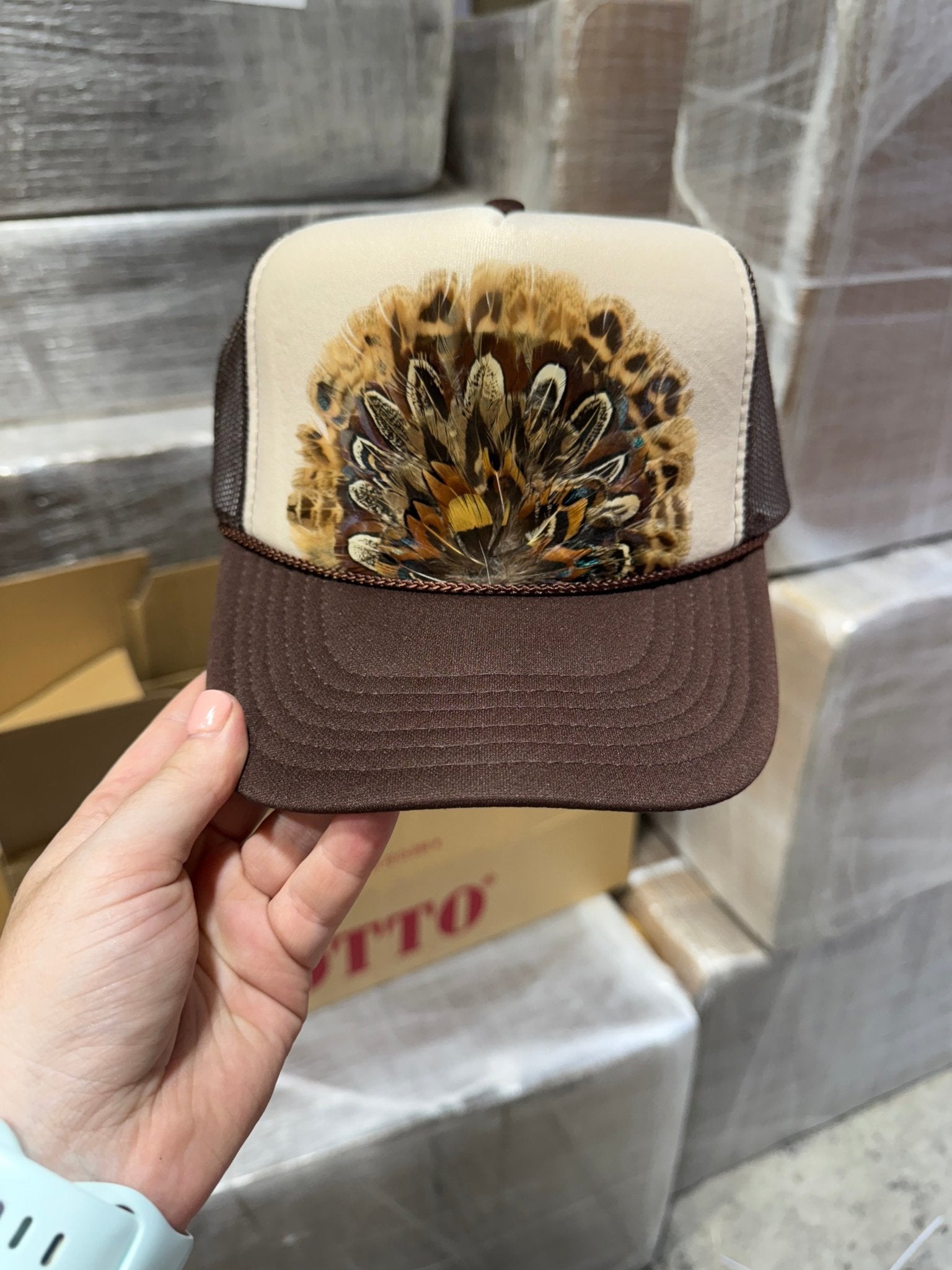 Brown Feather Trucker Hat