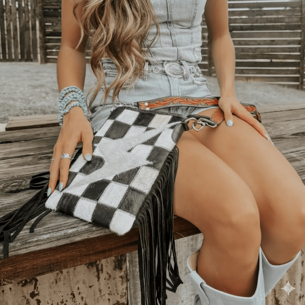 Checkered Bolt Fringe Crossbody Bag