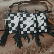 Checkered Bolt Fringe Crossbody Bag
