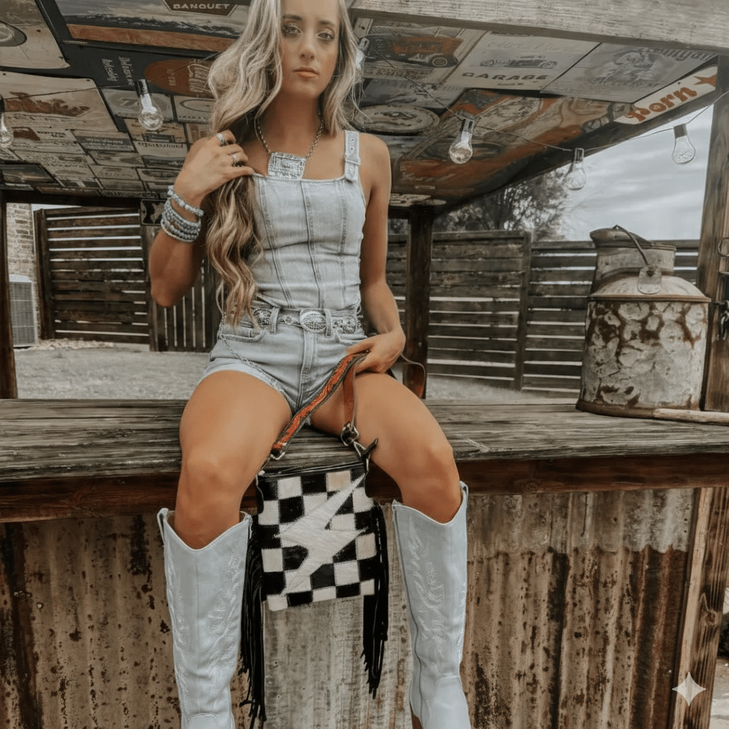 Checkered Bolt Fringe Crossbody Bag