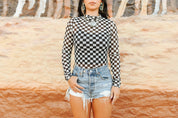 Checkered Long Sleeve Mesh TopS