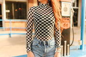 Checkered Long Sleeve Mesh TopS
