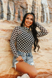 Checkered Long Sleeve Mesh TopS