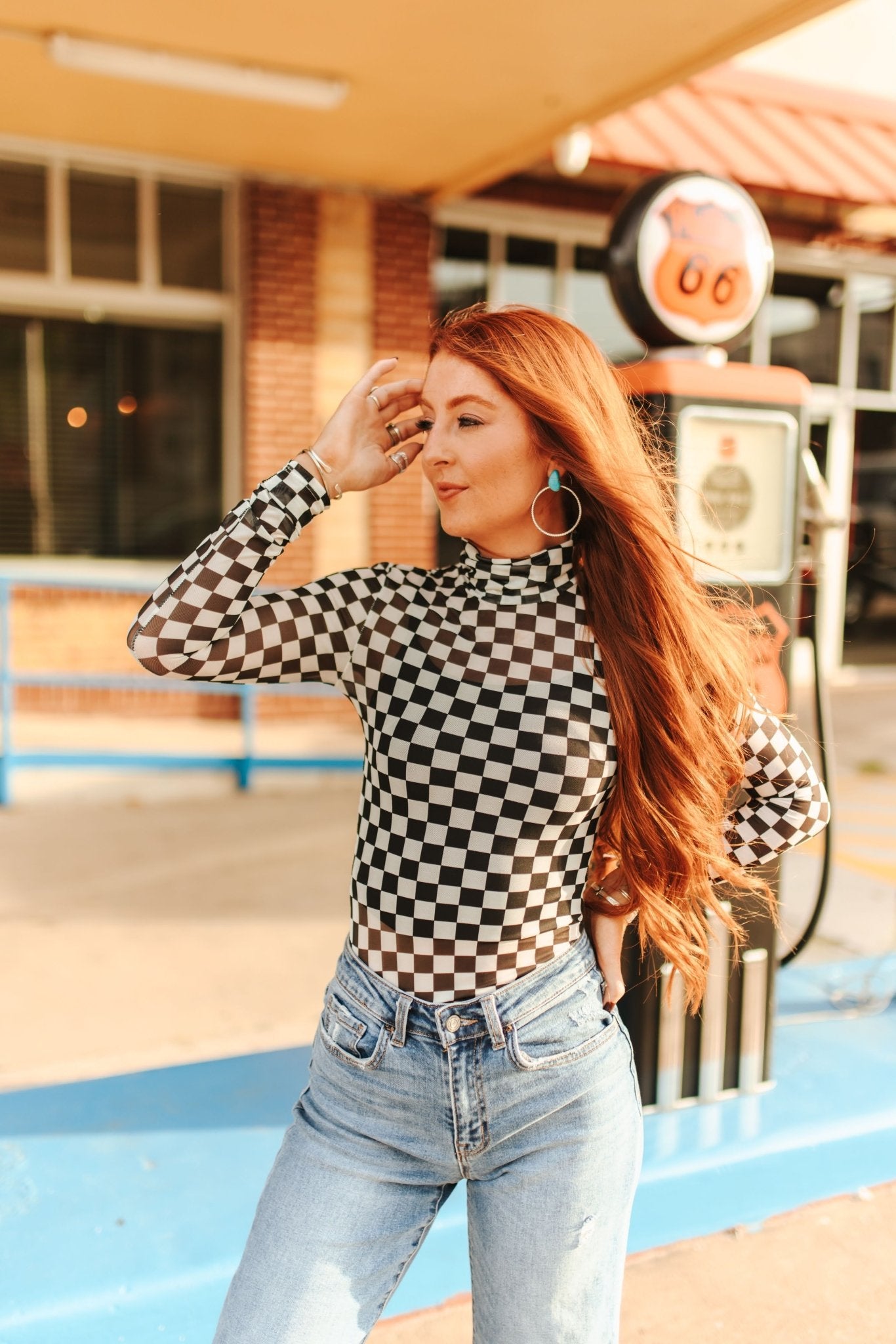 Checkered Long Sleeve Mesh TopS