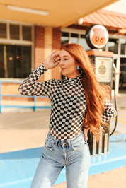 Checkered Long Sleeve Mesh TopS