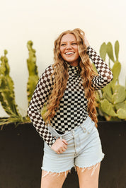 Checkered Long Sleeve Mesh TopS