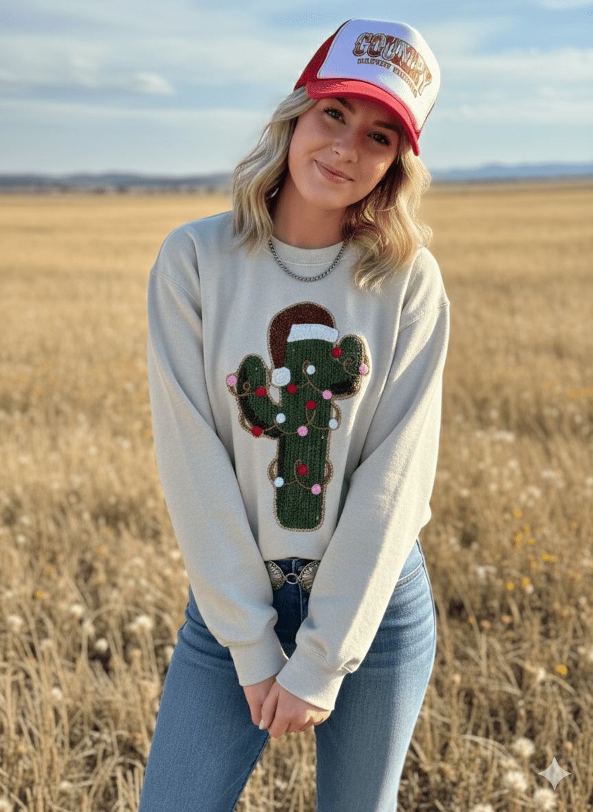 Christmas Cactus Sequins Patch SweatshirtSandS