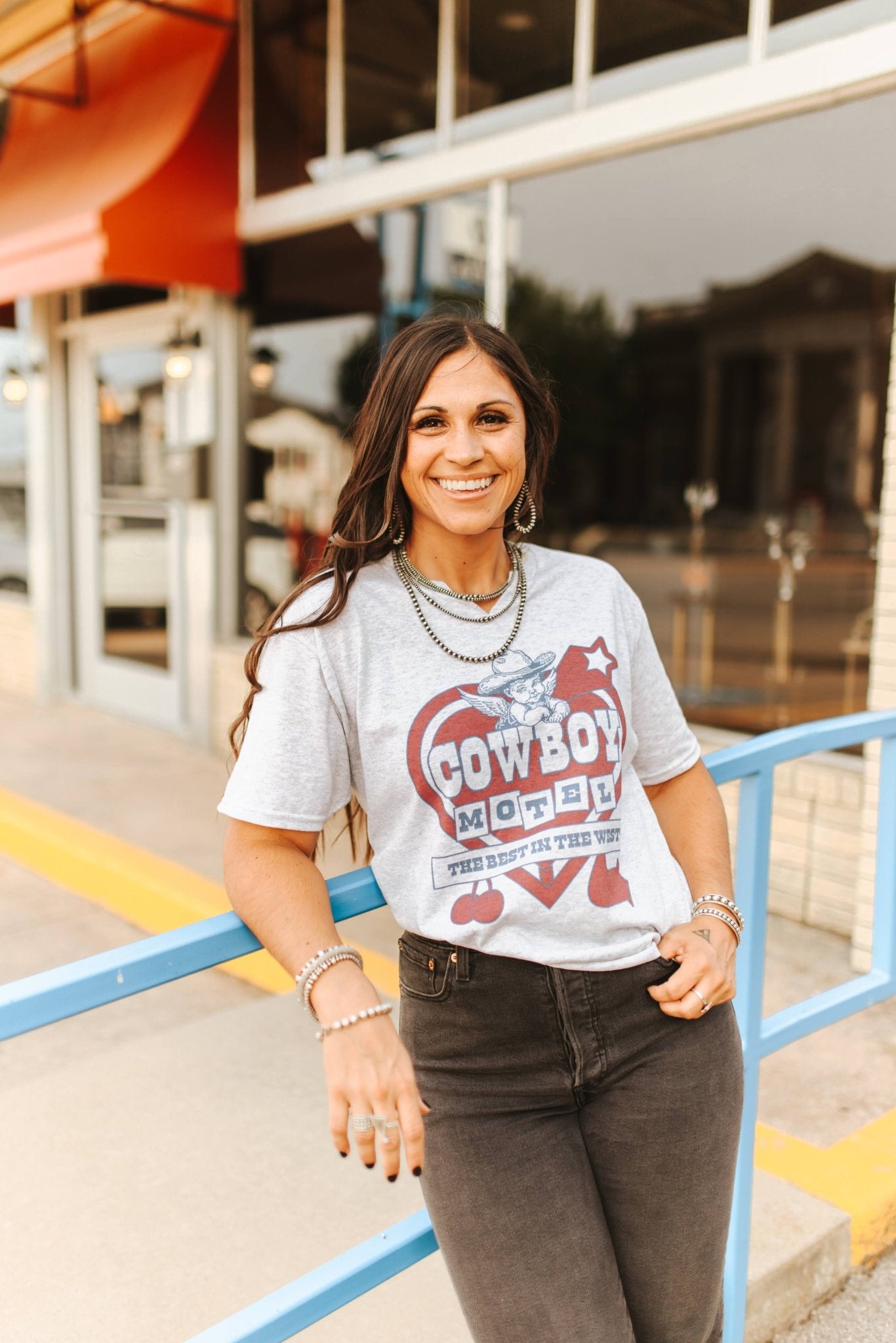 Cowboy Motel Raw Cut V - neck Graphic TeeLight AshXS
