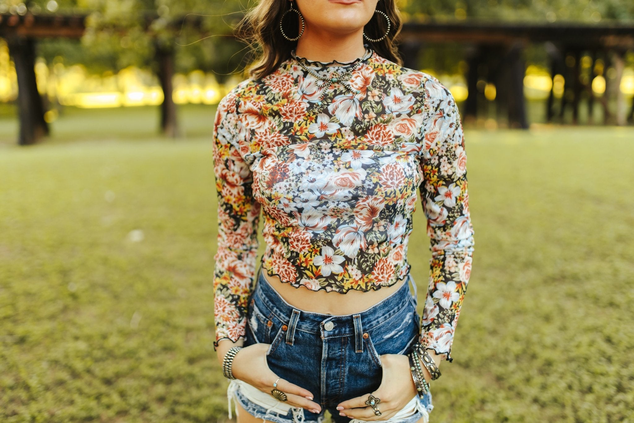 Floral Mesh Long Sleeve Crop TopS
