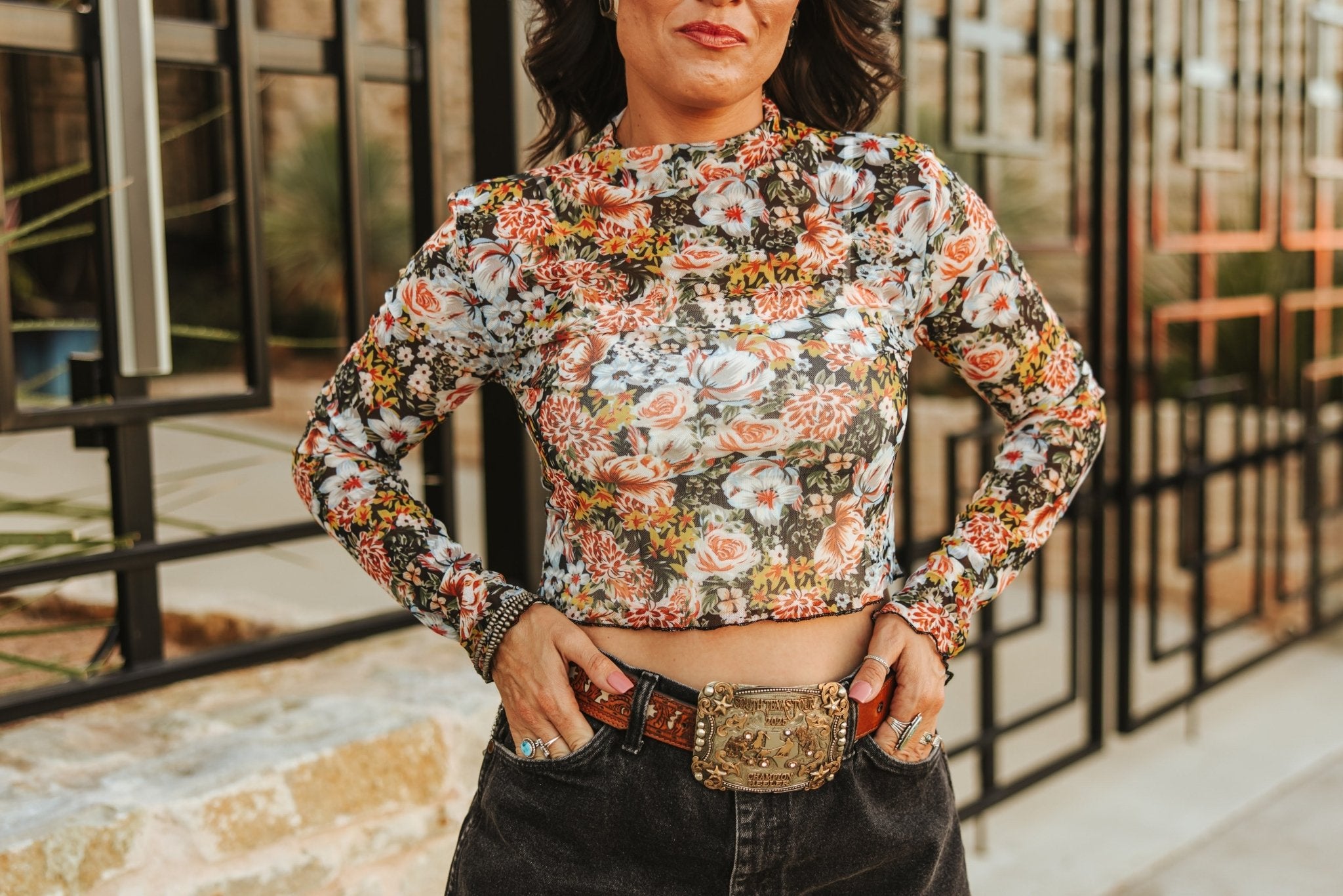 Floral Mesh Long Sleeve Crop TopS