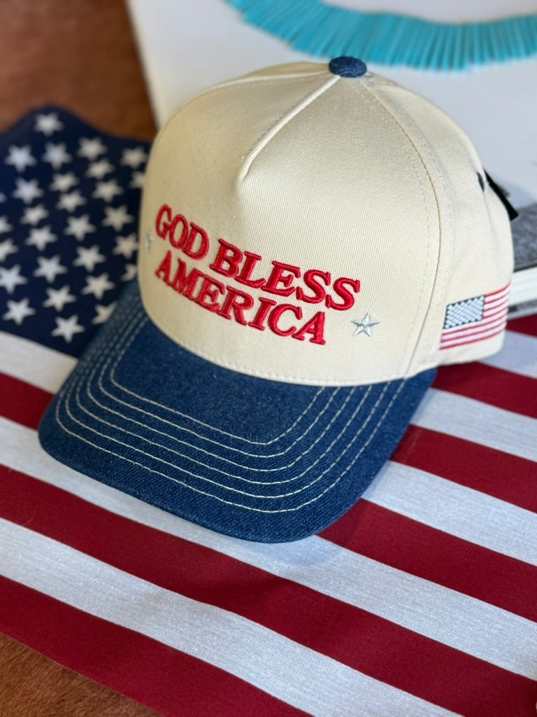 God Bless America Embroidered Denim Trucker Hat