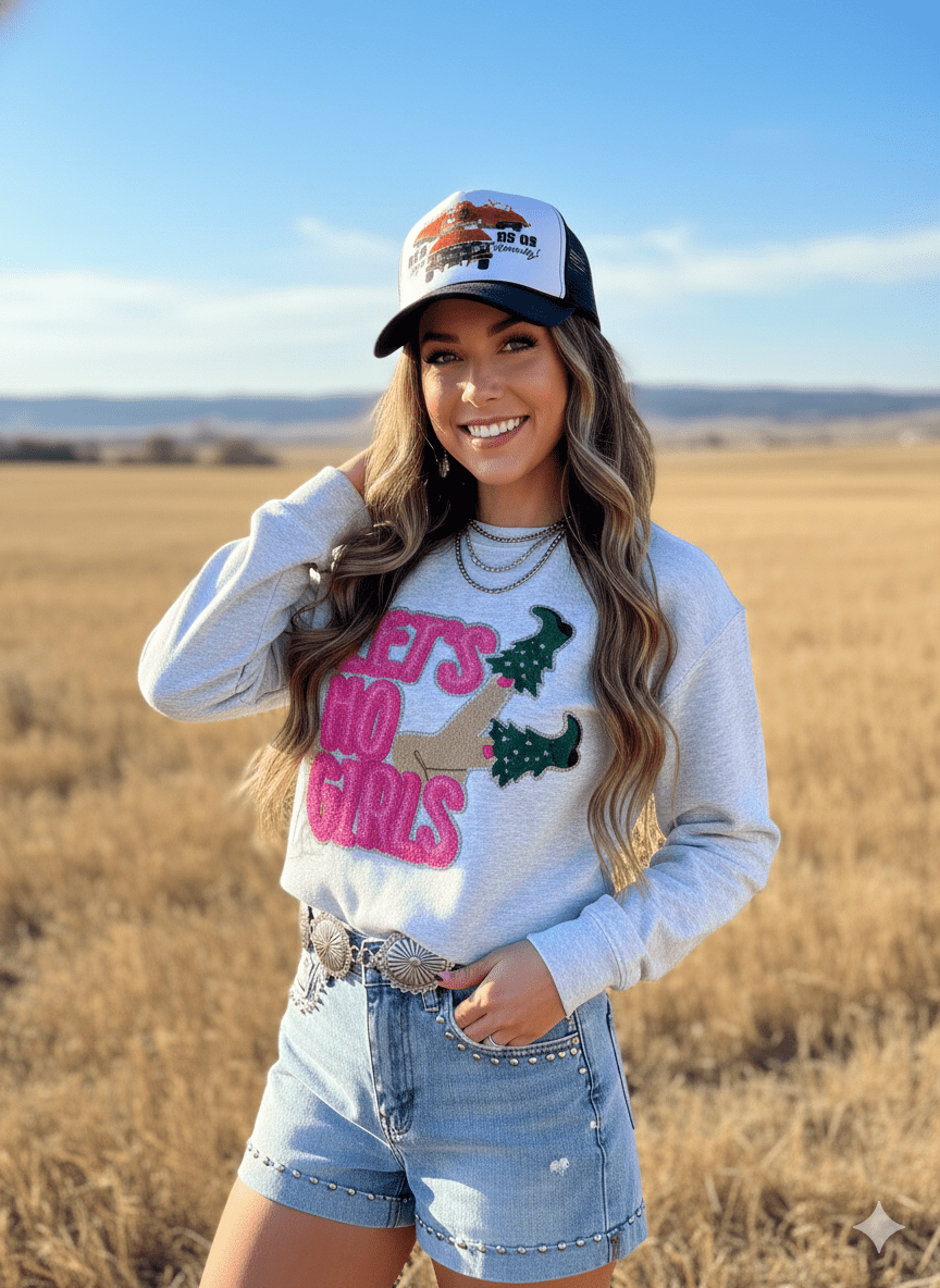 Let's Ho Girls Christmas Glitter Embroidered Patch SweatshirtOatmealS