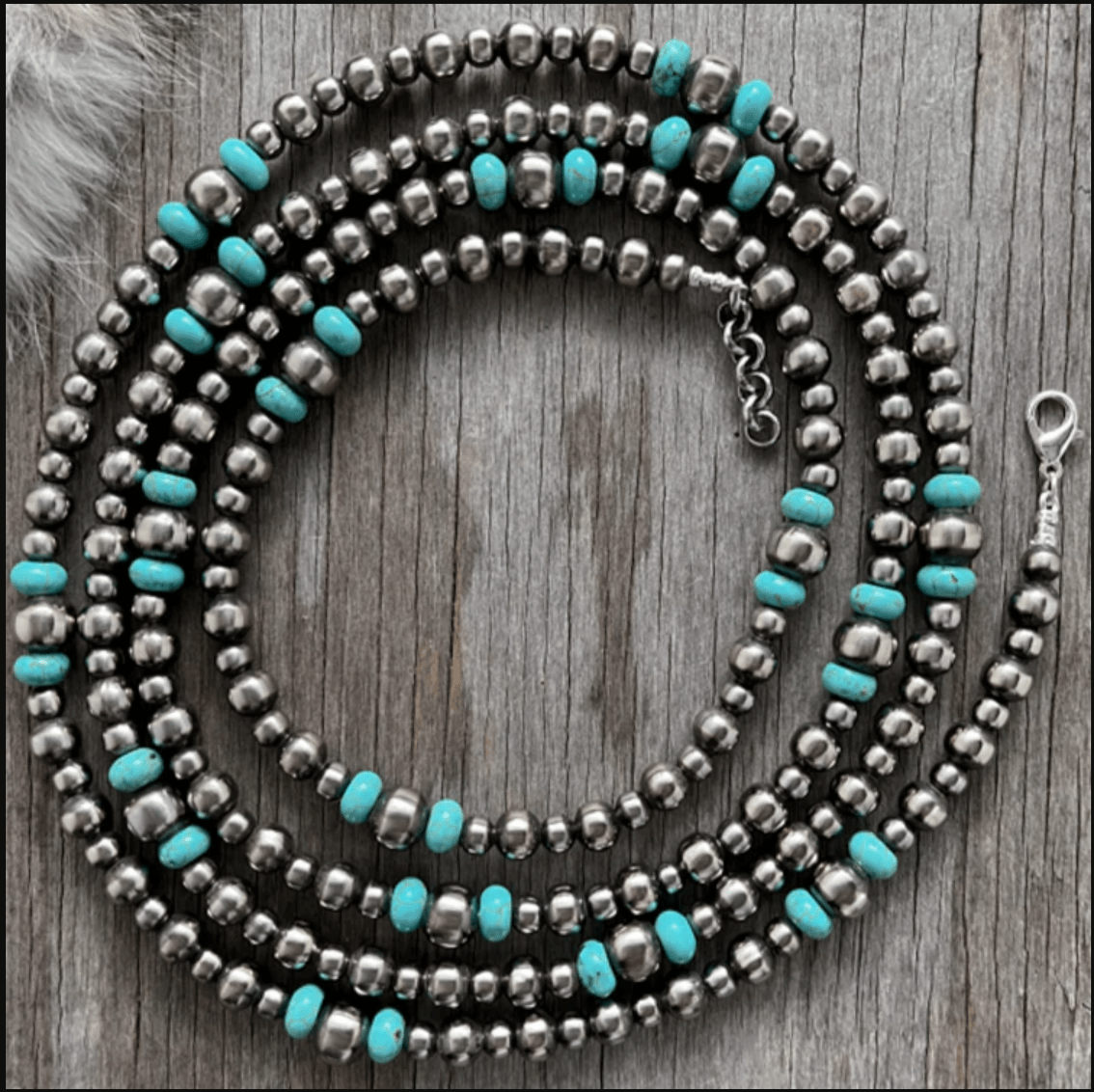 Long Silver Pearl and Turquoise Necklace