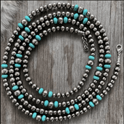 Long Silver Pearl and Turquoise Necklace