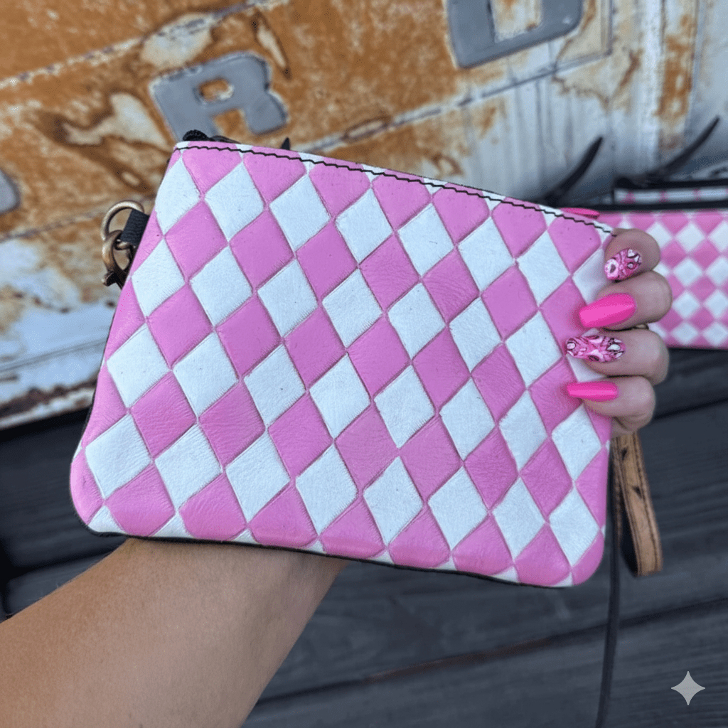 Pink Checkered Leather Crossbody Bag