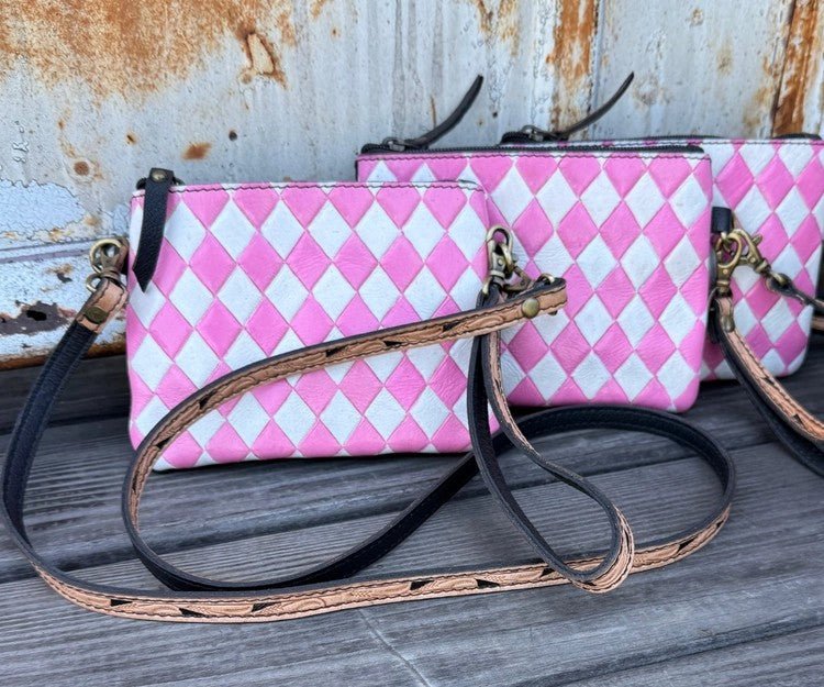 Pink Checkered Leather Crossbody Bag