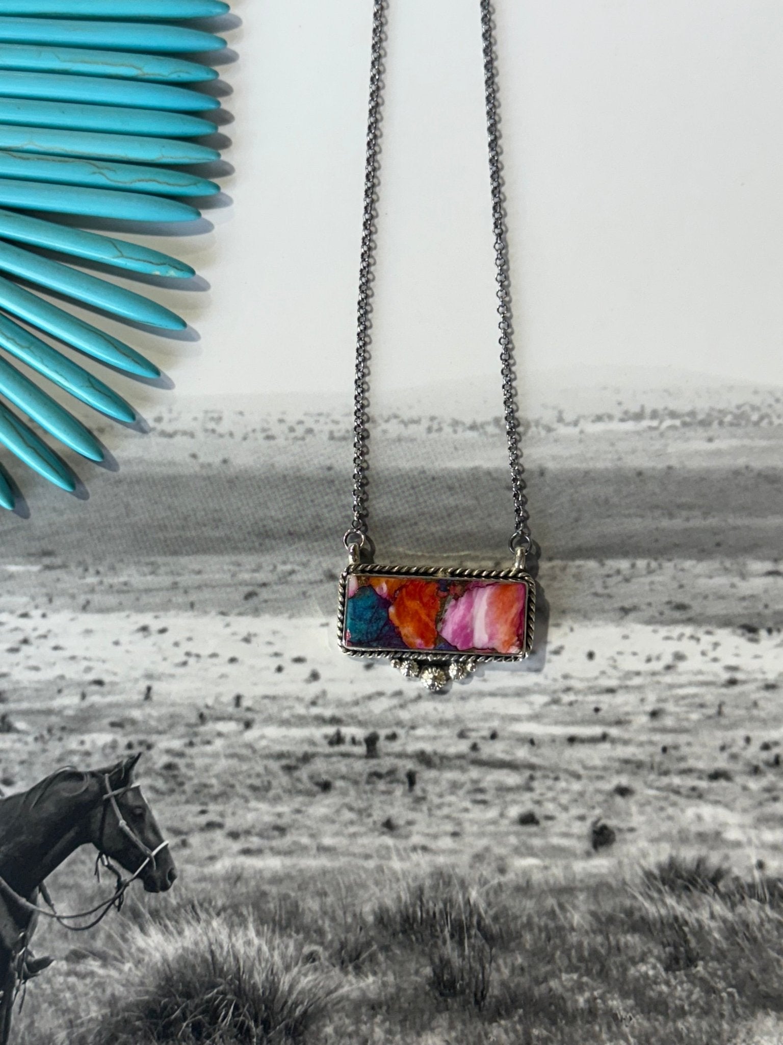 Pink Dahlia Turquoise Bar Necklace