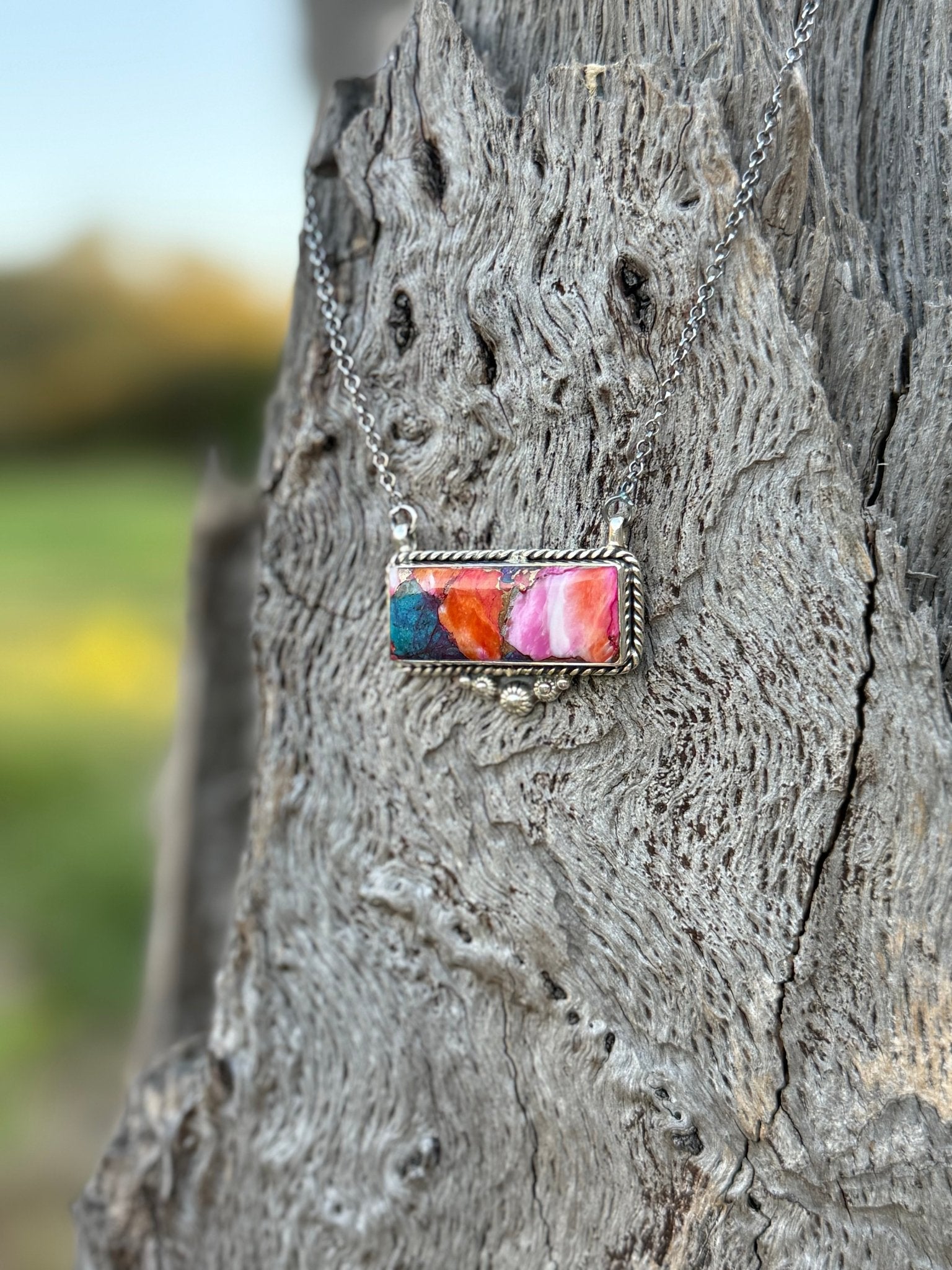 Pink Dahlia Turquoise Bar Necklace