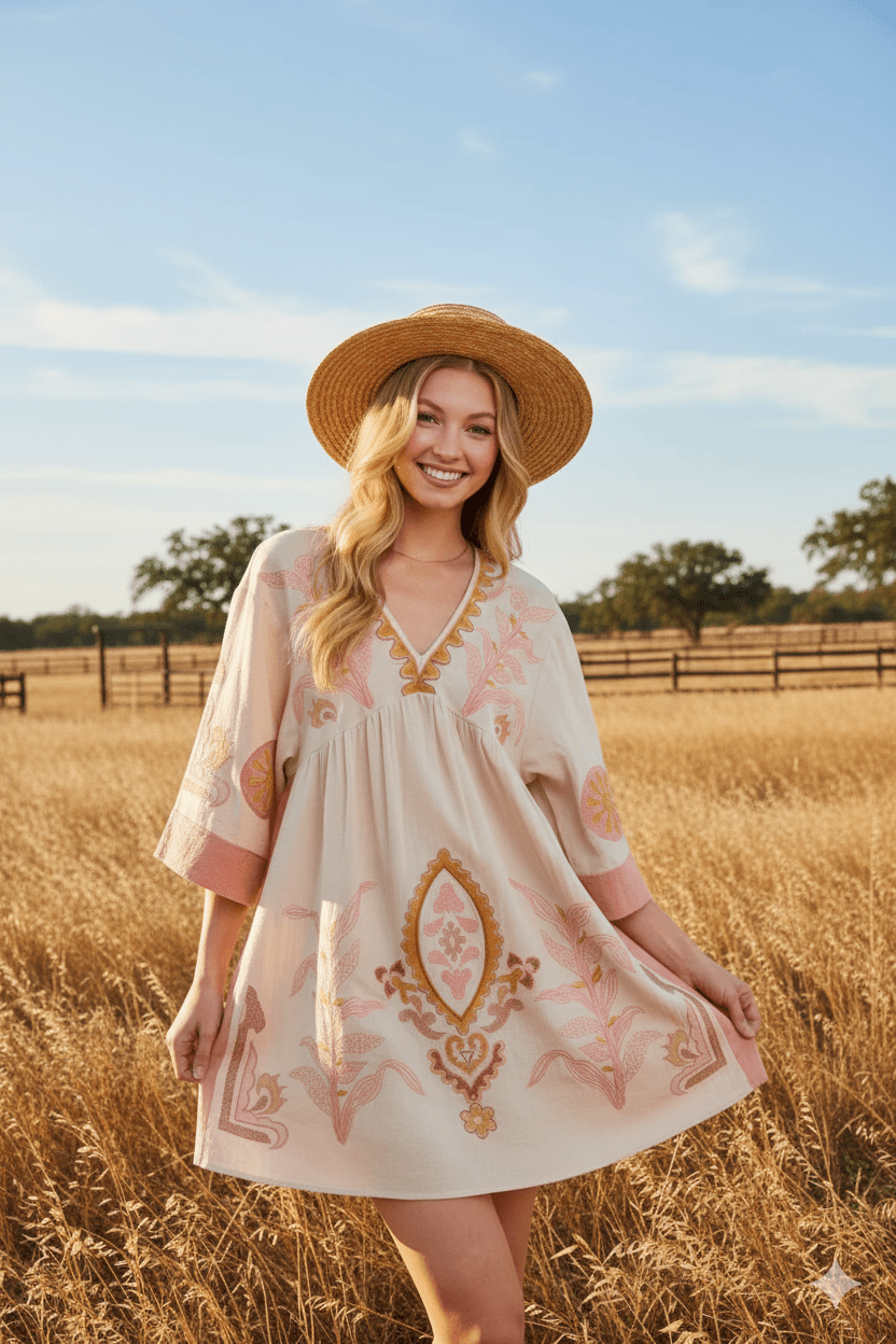 Pink Embroidered Babydoll DressS