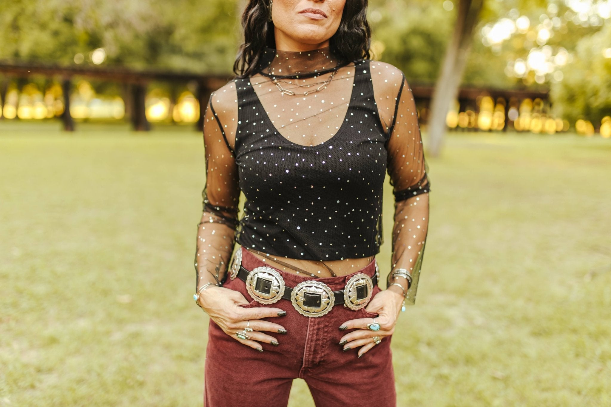 Polka Dot Mesh Long Sleeve TopS