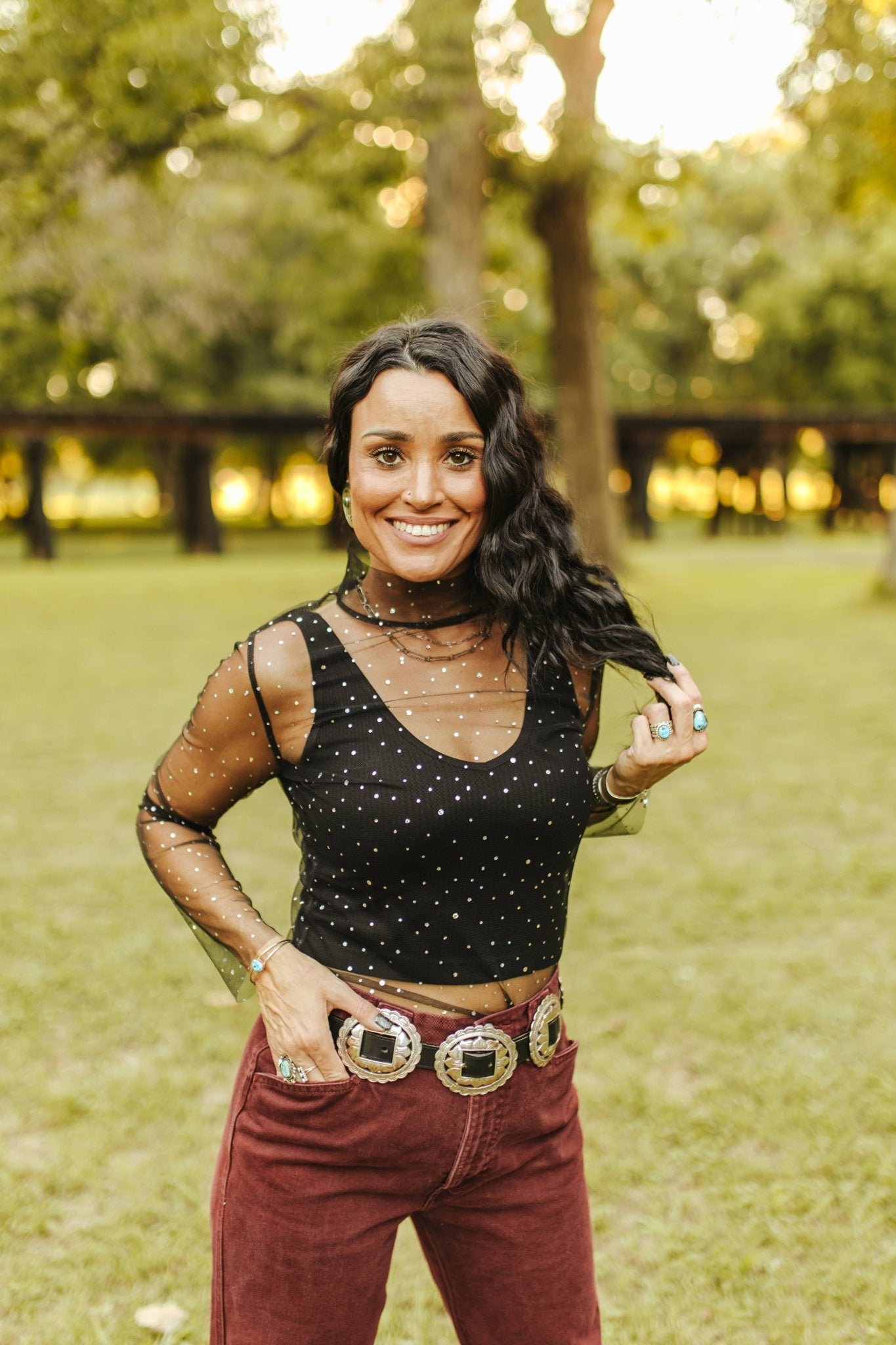 Polka Dot Mesh Long Sleeve TopS