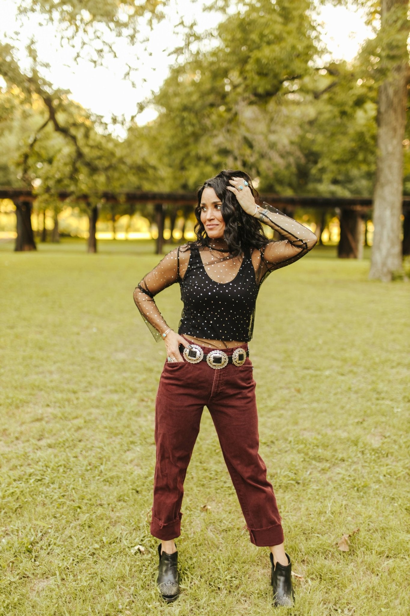 Polka Dot Mesh Long Sleeve TopS