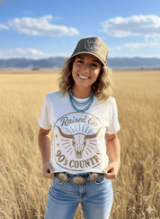 Raised On 90's Country Steer Skull Graphic TeeNaturalS