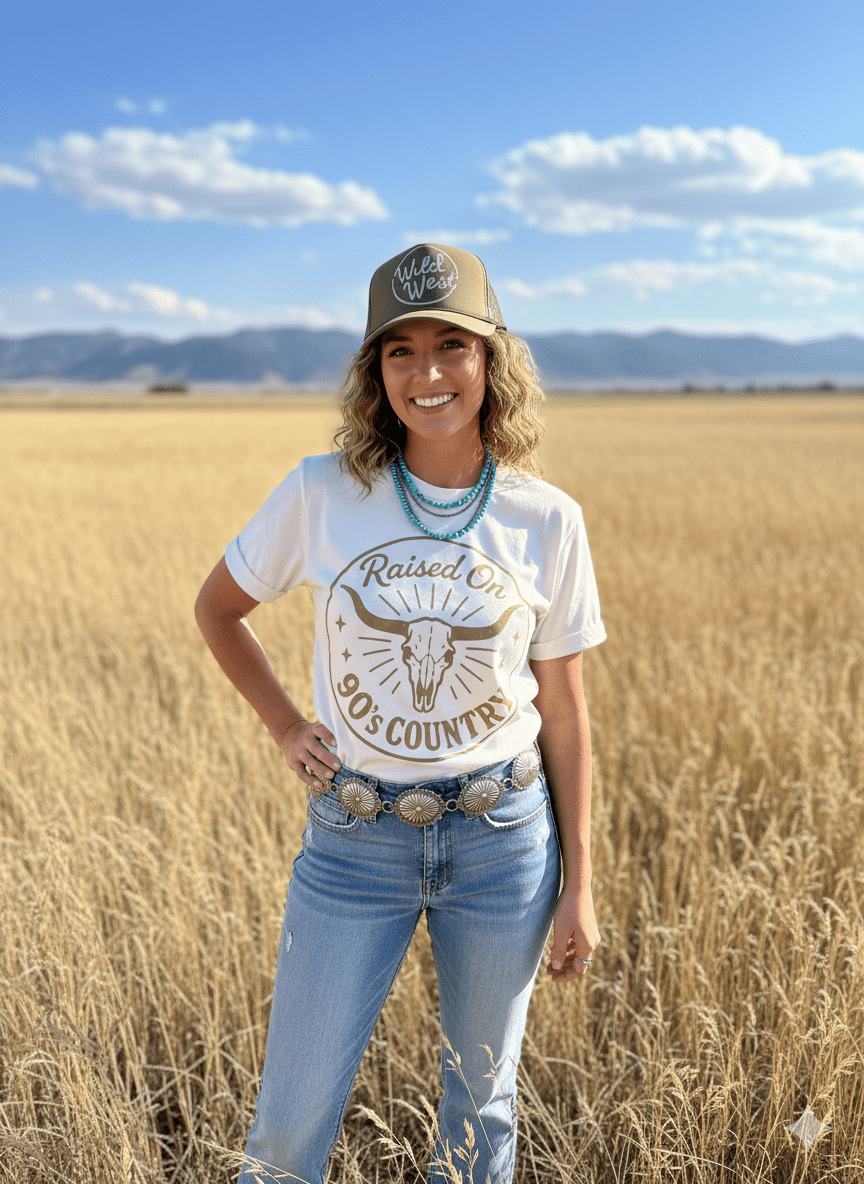 Raised On 90's Country Steer Skull Graphic TeeNaturalS