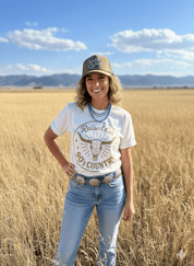 Raised On 90's Country Steer Skull Graphic TeeNaturalS