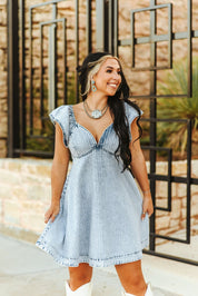 Ruffle Sleeve Denim DressS
