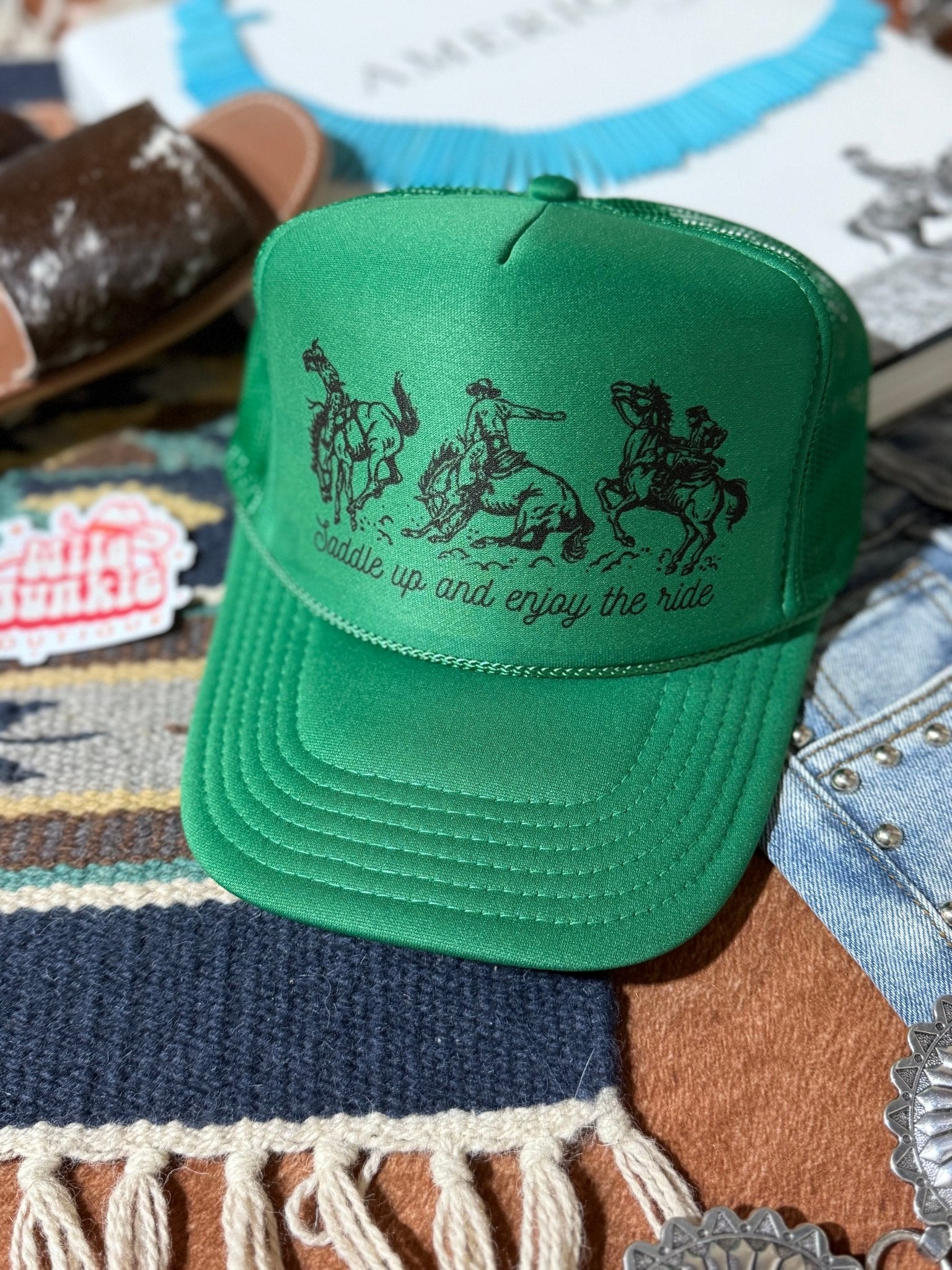 Saddle Up And Enjoy The Ride Trucker HatGreen