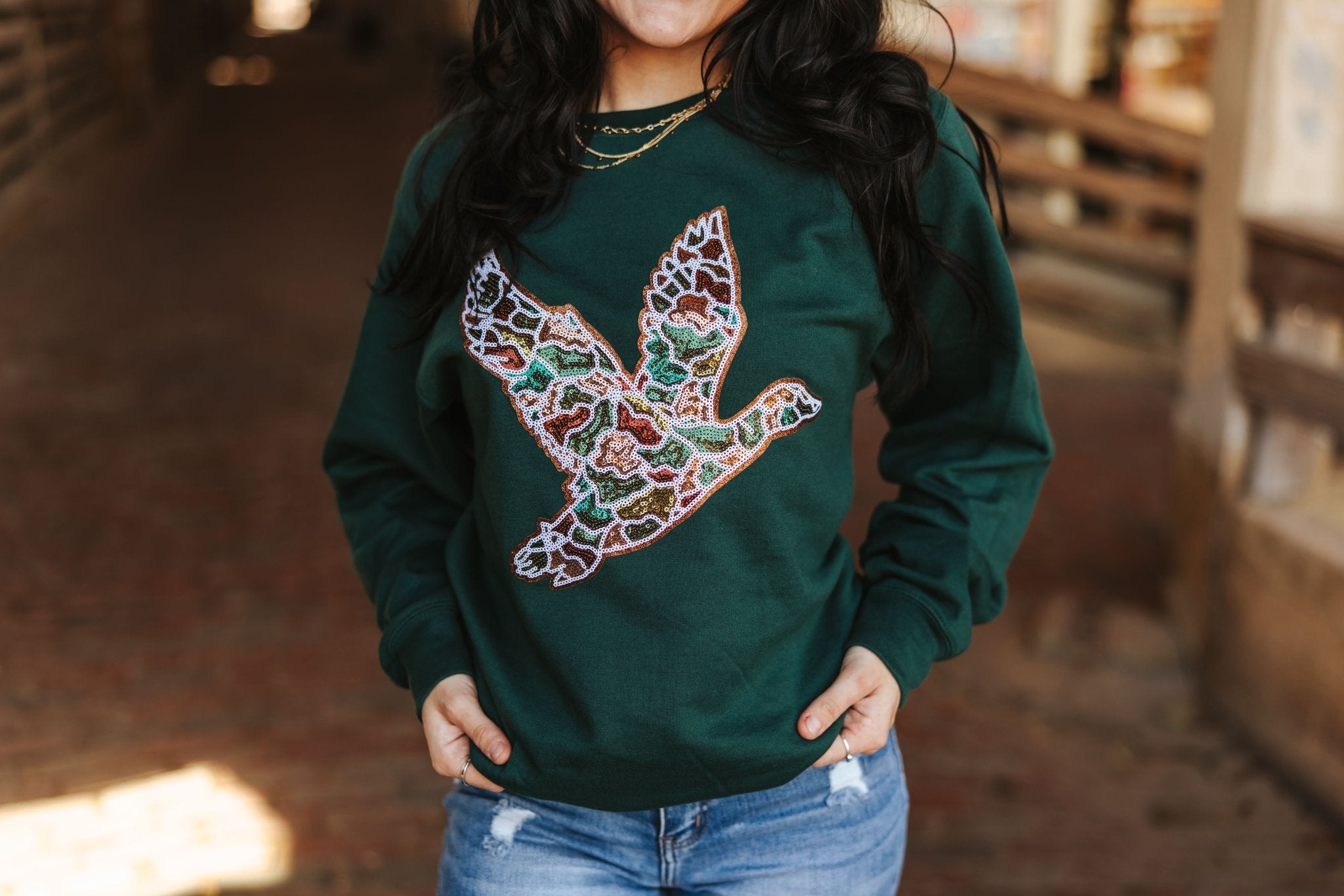 Sequin Duck Camo Patch SweaterMilitary GreenS
