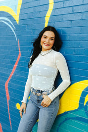 Star Printed Long Sleeve Mesh Top - IvoryS