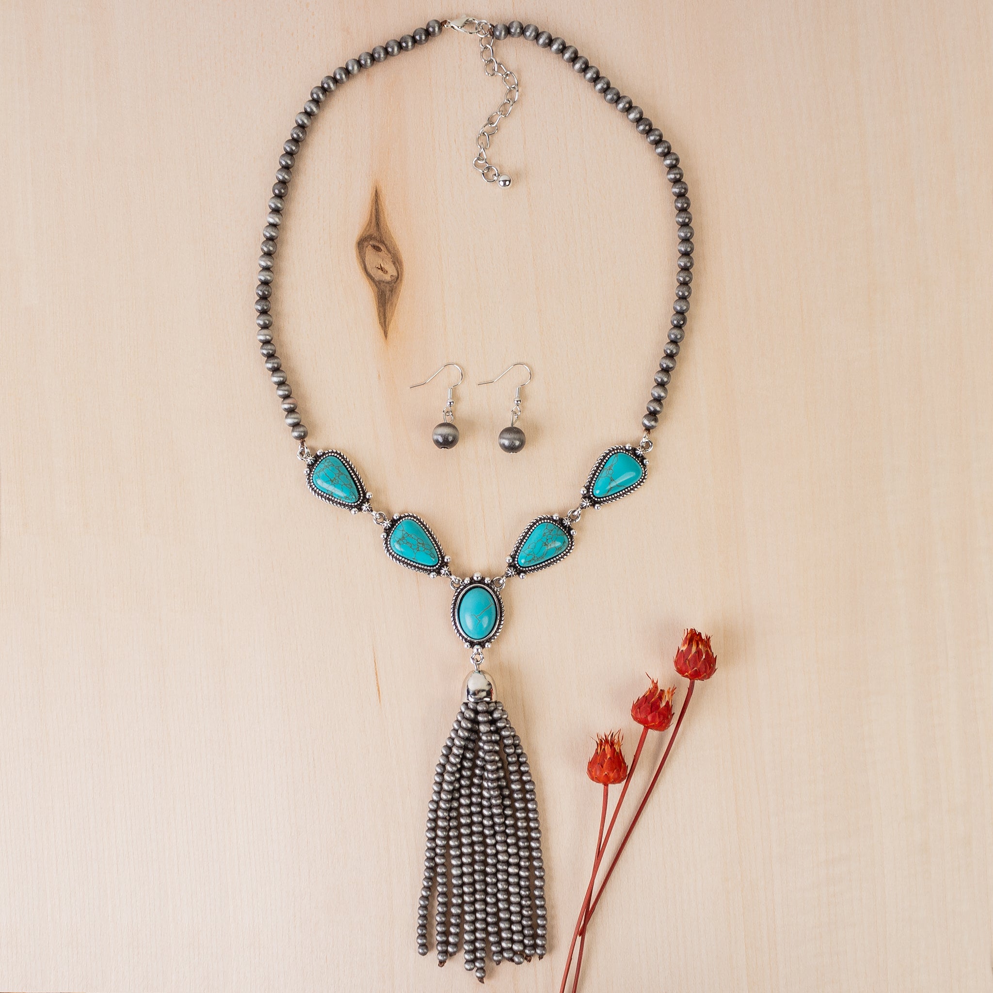 Turquoise and Beaded Tassel Necklace