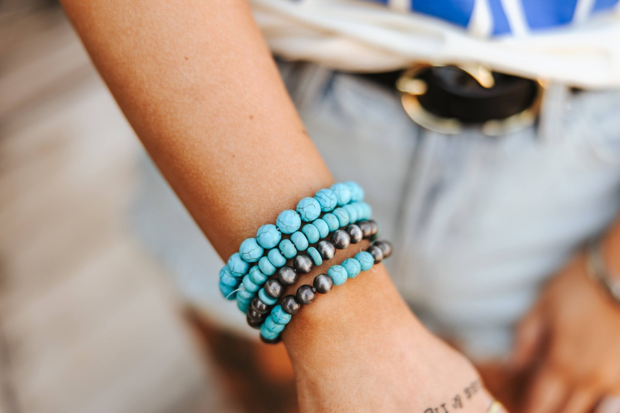 Turquoise Bar and Beads Bracelet Stack