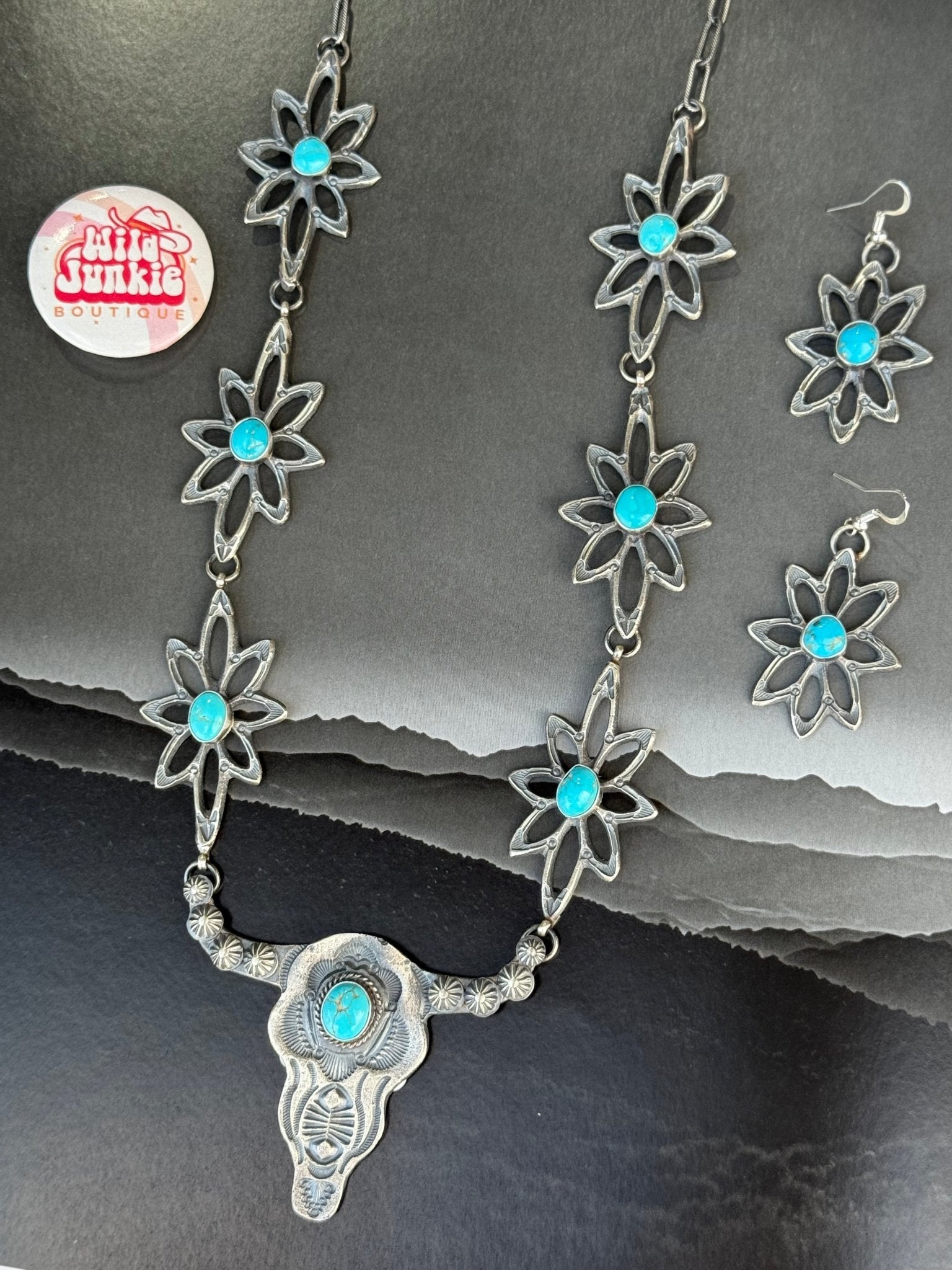 Turquoise Blossom Steer Head Jewelry Set