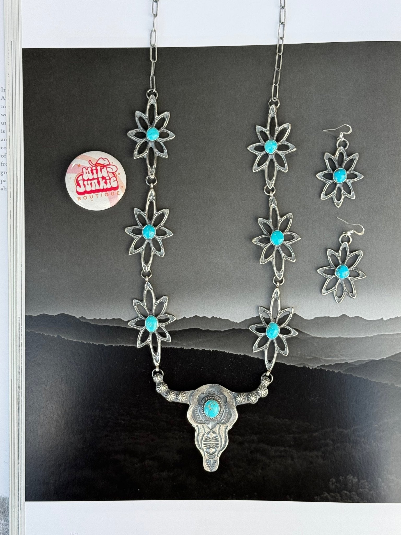 Turquoise Blossom Steer Head Jewelry Set