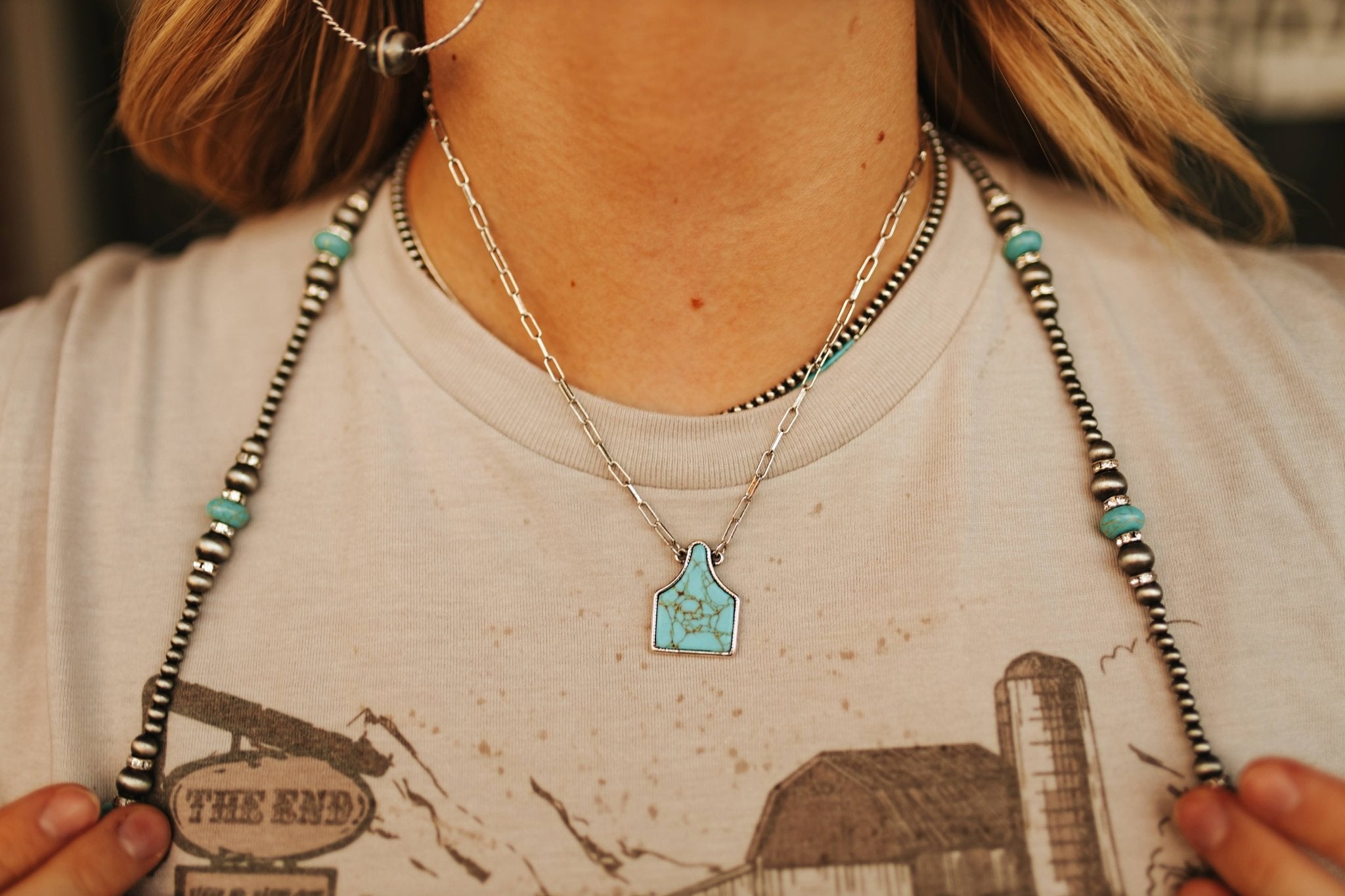 Turquoise Stone Cattle Tag Pendant NecklaceTurquoiseOS