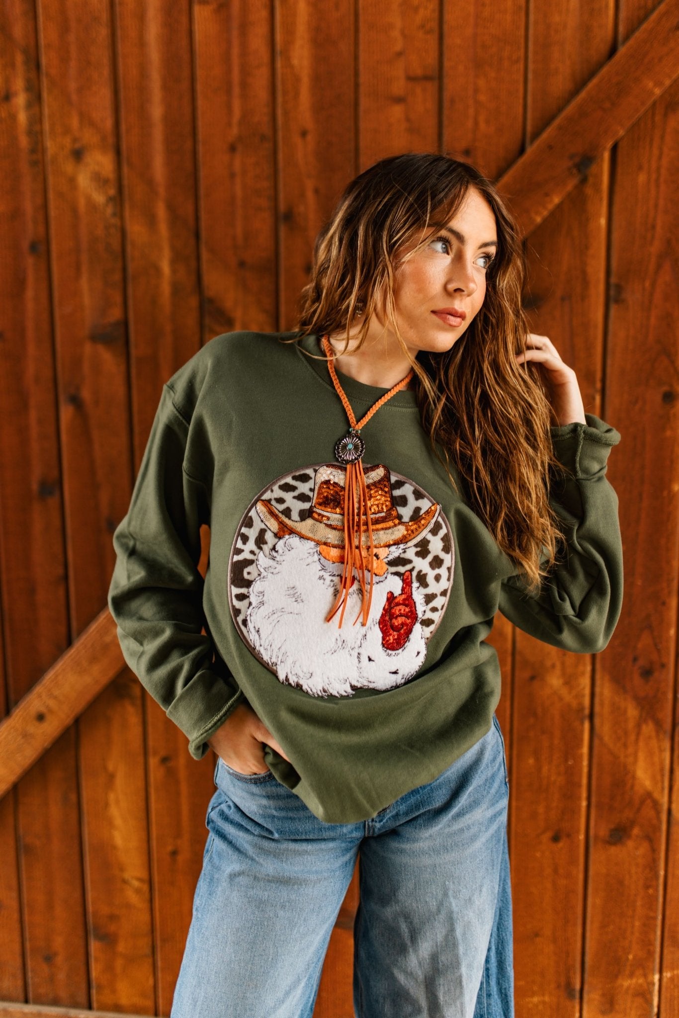 Western Santa Sequin Patch SweatshirtDark GreenS