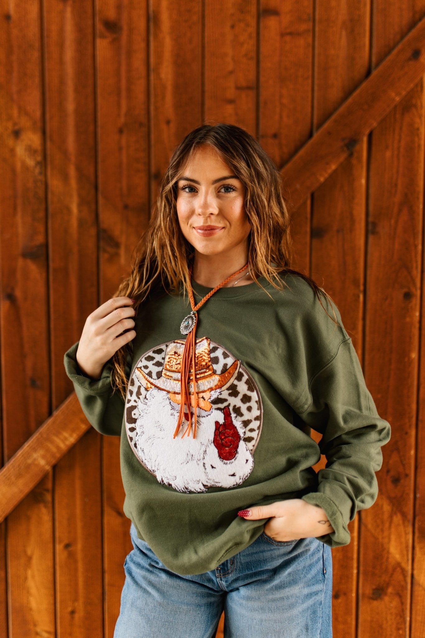 Western Santa Sequin Patch SweatshirtDark GreenS