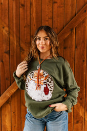 Western Santa Sequin Patch SweatshirtDark GreenS