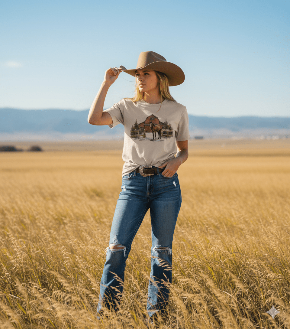 Western Winter Barn Christmas Graphic TeeCementS