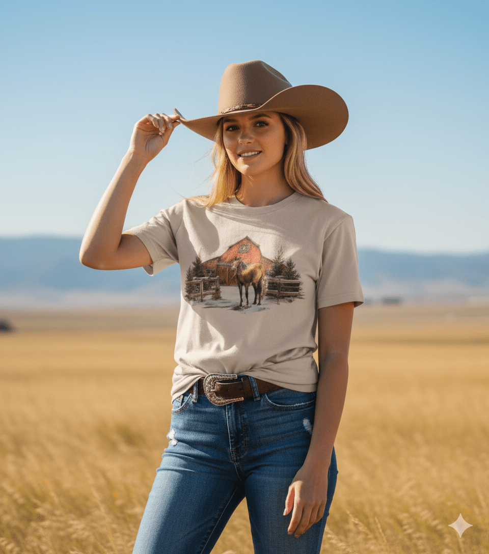 Western Winter Barn Christmas Graphic TeeCementS