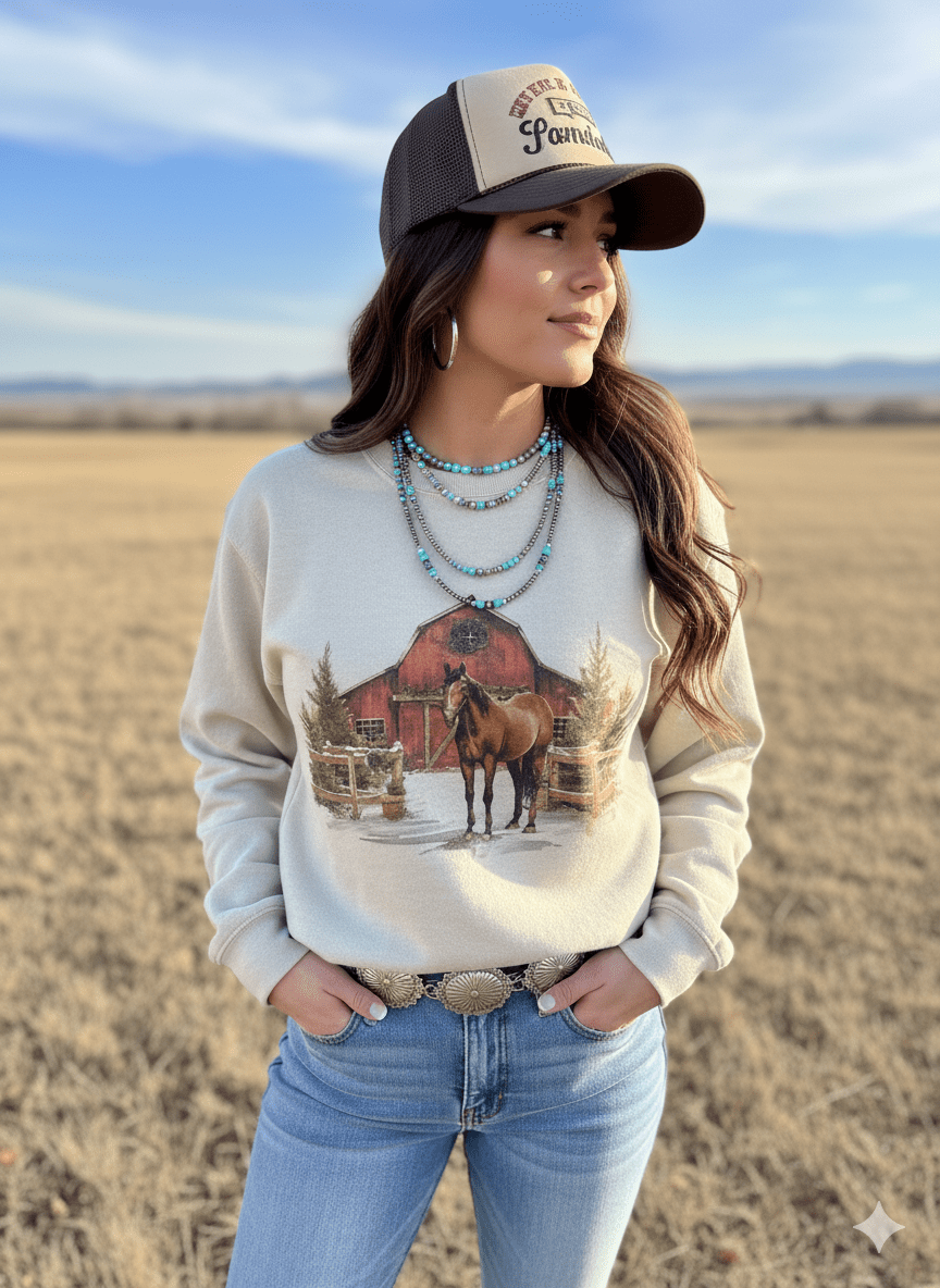 Western Winter Barn Christmas SweatshirtSandS